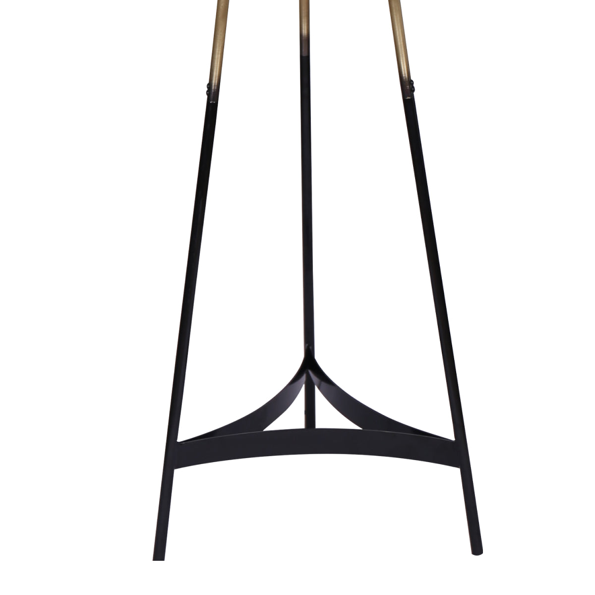 Close-up of matte black tripod base showing three slim legs with curved triangular crossbrace, gold brass gradient legs above