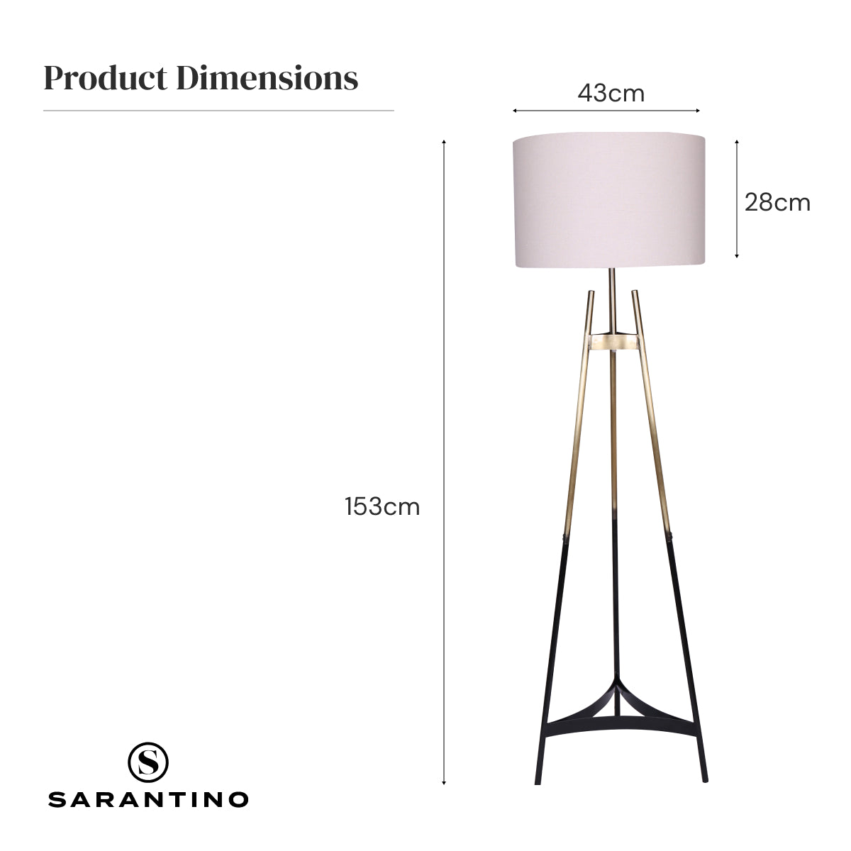 Sarantino Gradient Tripod Floor Lamp dimensions diagram: 153cm height, 43cm shade width, 28cm shade height