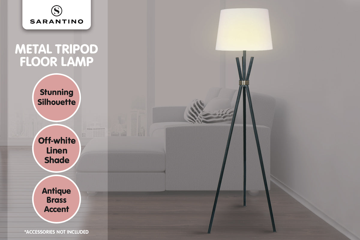 Sarantino Metal Tripod Floor Lamp infographic on grey background with logo and three pink feature badges