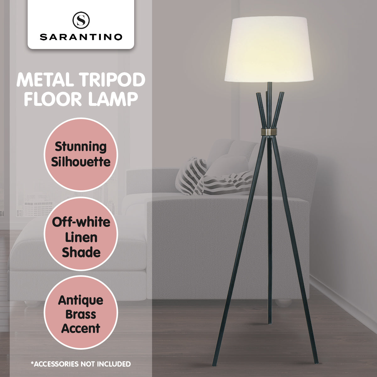 Sarantino Metal Tripod Floor Lamp infographic with logo, three badges: off-white linen shade, antique brass accent