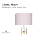 Sarantino close-up of white neutral drum shade on tripod lamp, text 