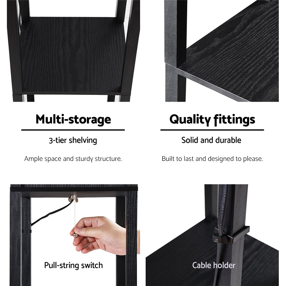 Detail infographic of black lattice shelf lamp showing 3-tier shelving, quality fittings, pull-string switch and cable holder