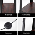 Detail infographic of black tapered shelf floor lamp showing MDF shelves, quality fittings, foot switch and cable holder