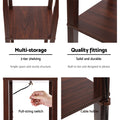 Detail infographic of brown fabric shelf lamp showing 3-tier shelving, quality fittings, pull-string switch and cable holder