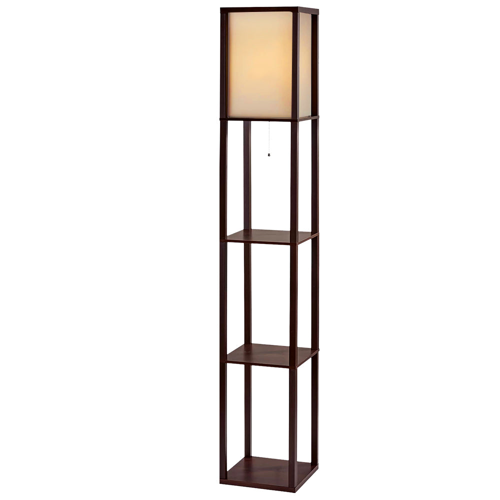 Brown shelf floor lamp with plain fabric shade in living room scene, three shelves with decorative bottle and white vases