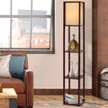Brown shelf floor lamp with plain fabric shade in living room scene, three shelves with decorative bottle and white vases