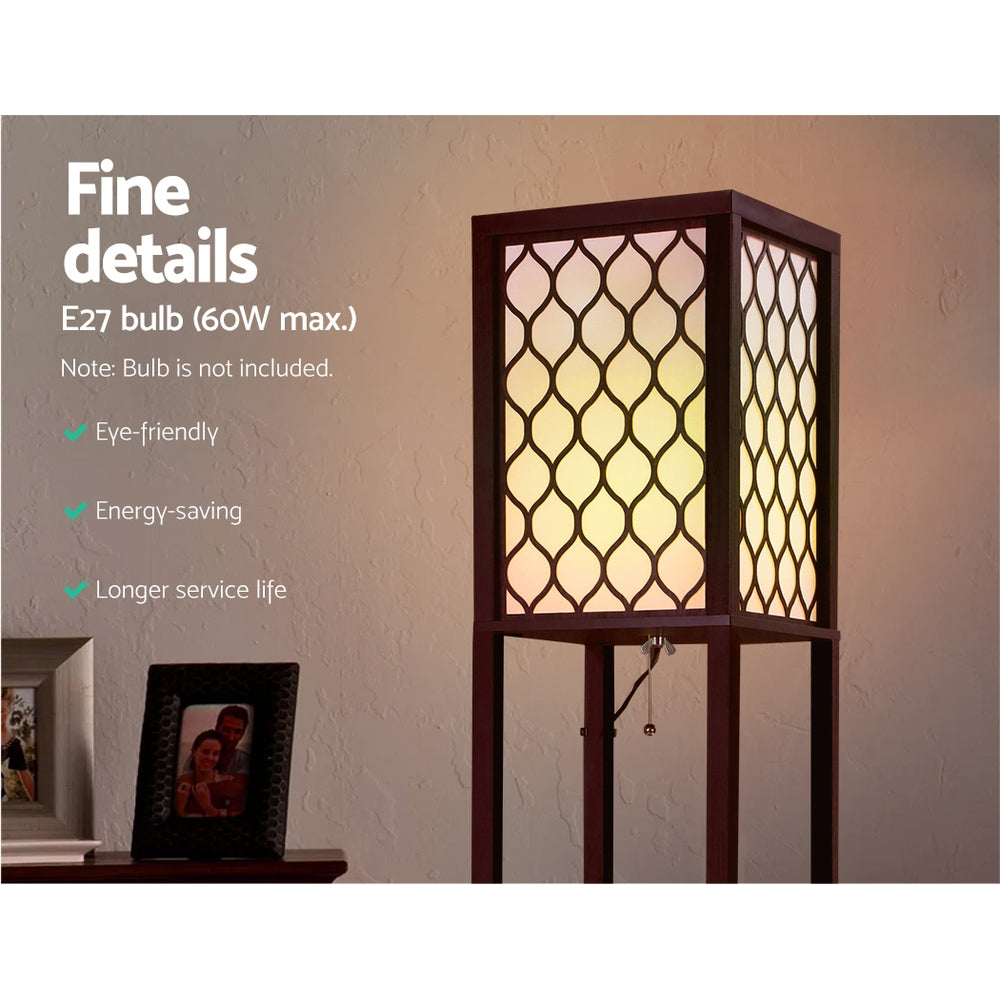 Close-up of brown lattice shelf floor lamp shade glowing warm with E27 60W max bulb spec and feature text overlay