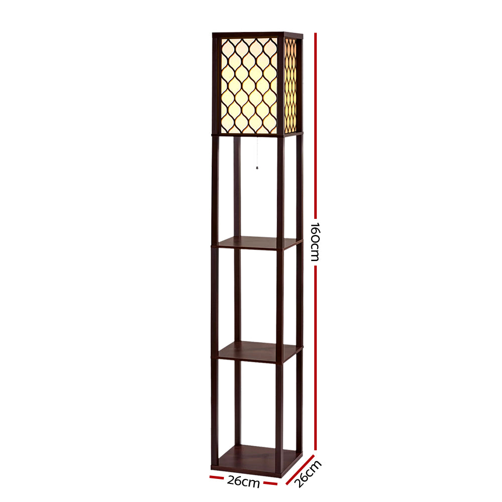 Brown lattice shelf floor lamp dimensions diagram showing 160cm height and 26cm x 26cm base on white background