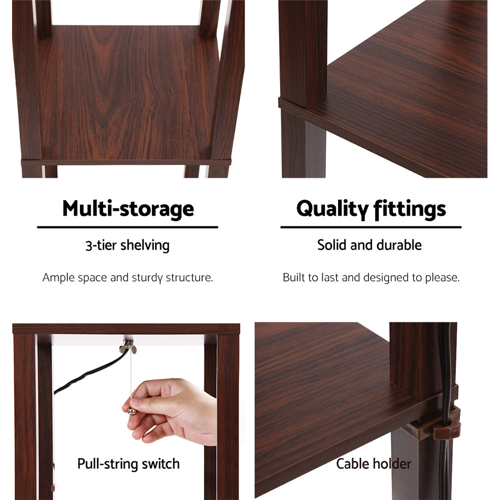 Detail infographic of brown lattice shelf lamp showing 3-tier shelving, quality fittings, pull-string switch and cable holder