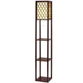 Brown lattice shelf floor lamp on white background, front view with three empty open shelves and pull cord