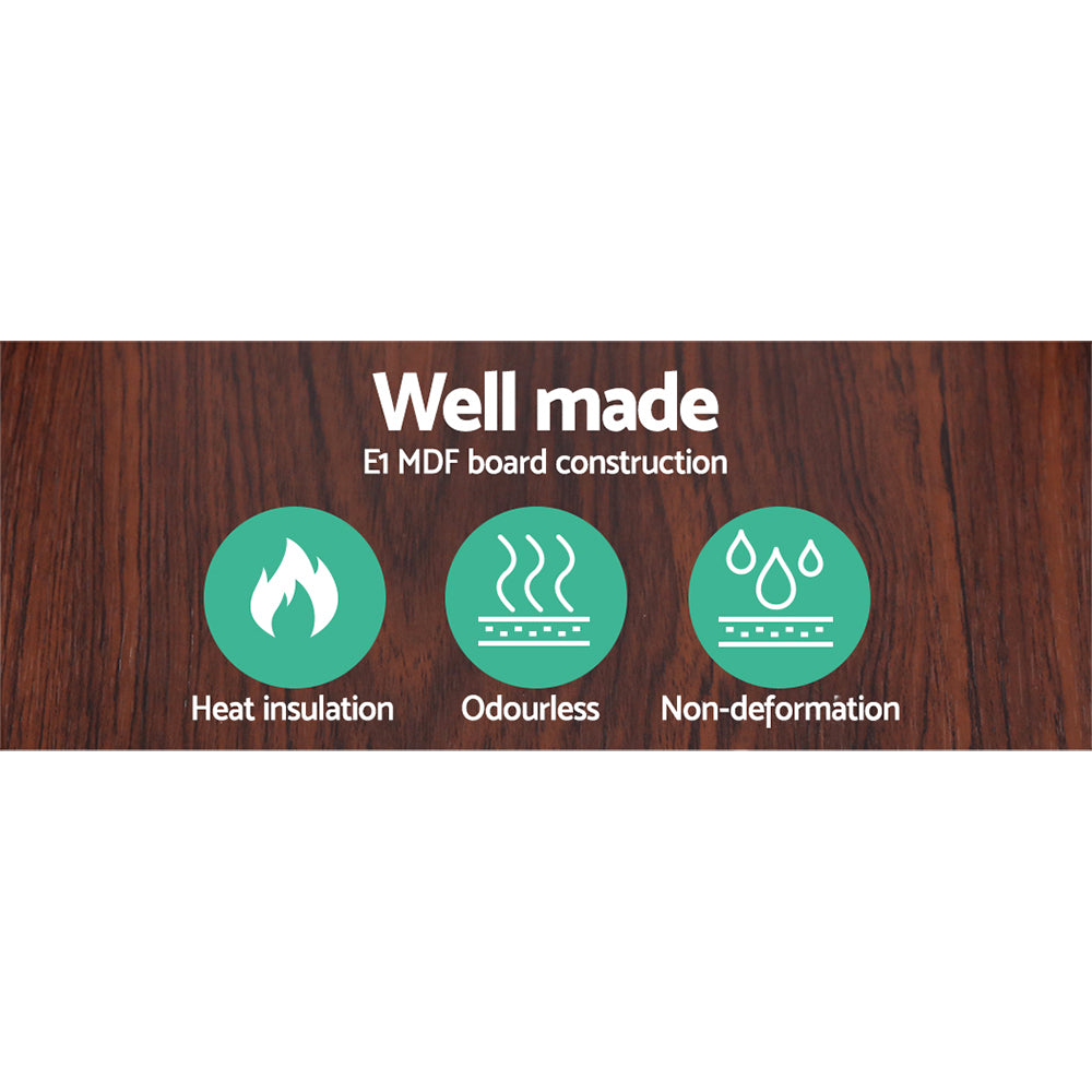 Shelf floor lamp MDF construction infographic showing heat insulation, odourless and non-deformation on wood background