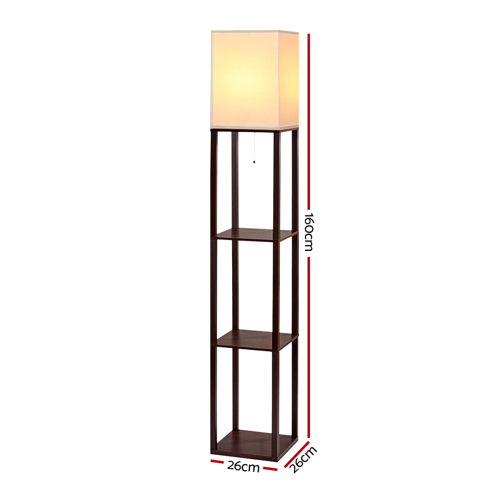 Dimension diagram of walnut shelf floor lamp showing 160cm height and 26cm x 26cm base on white background