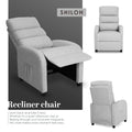 Shiloh light grey fabric recliner chair in three views: reclined with footrest and side pocket, front and side upright