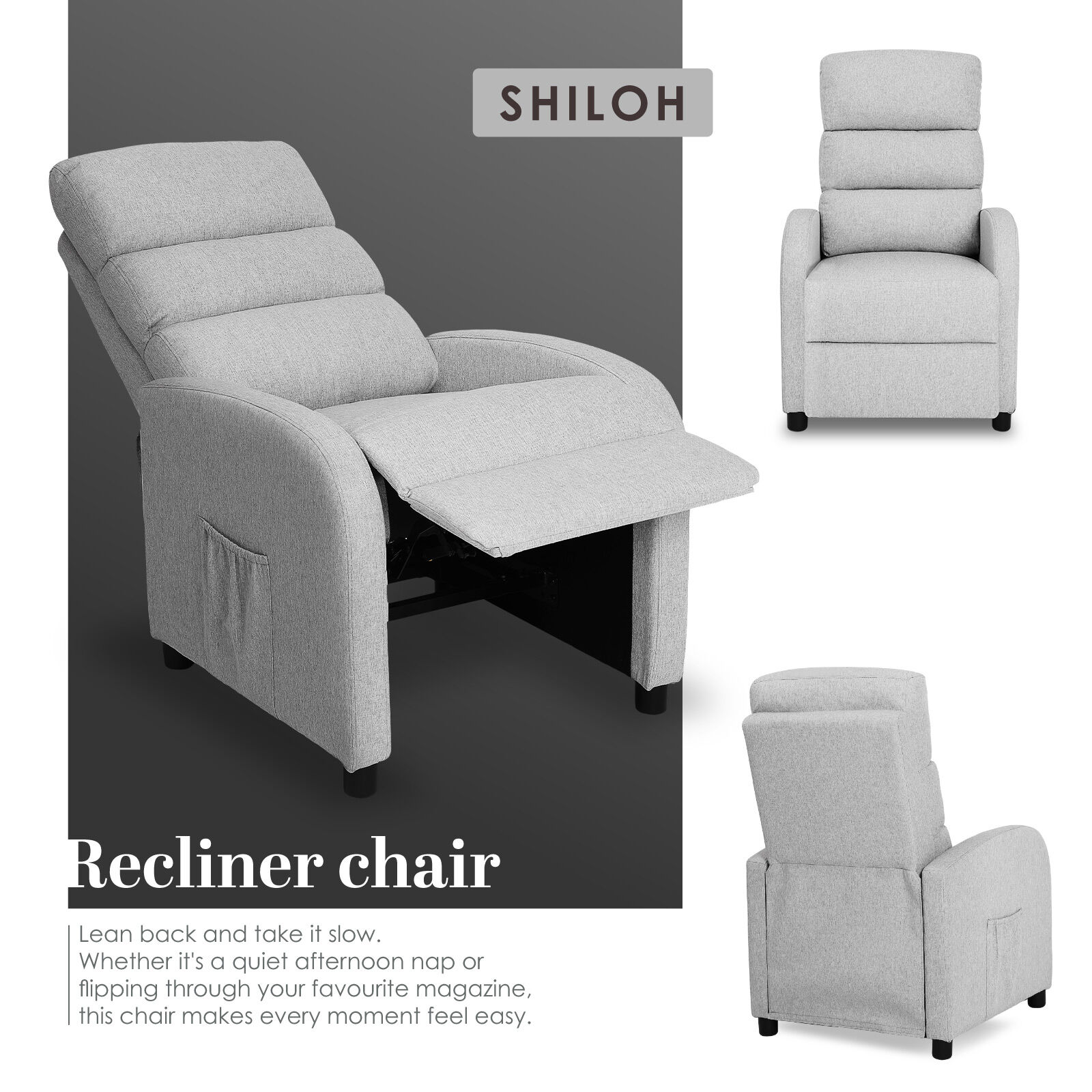 Shiloh light grey fabric recliner chair in three views: reclined with footrest and side pocket, front and side upright