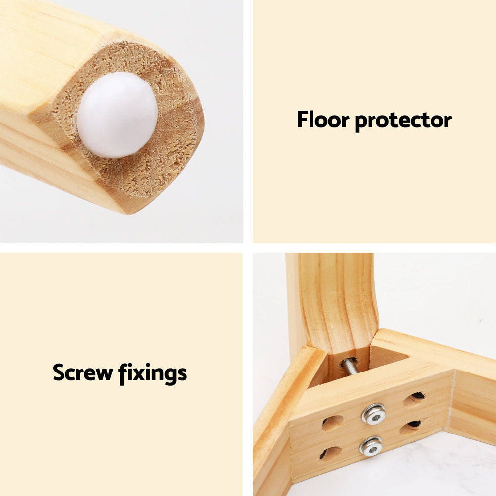 Side table construction details showing white floor protector on leg base and screw fixings at leg joint labeled