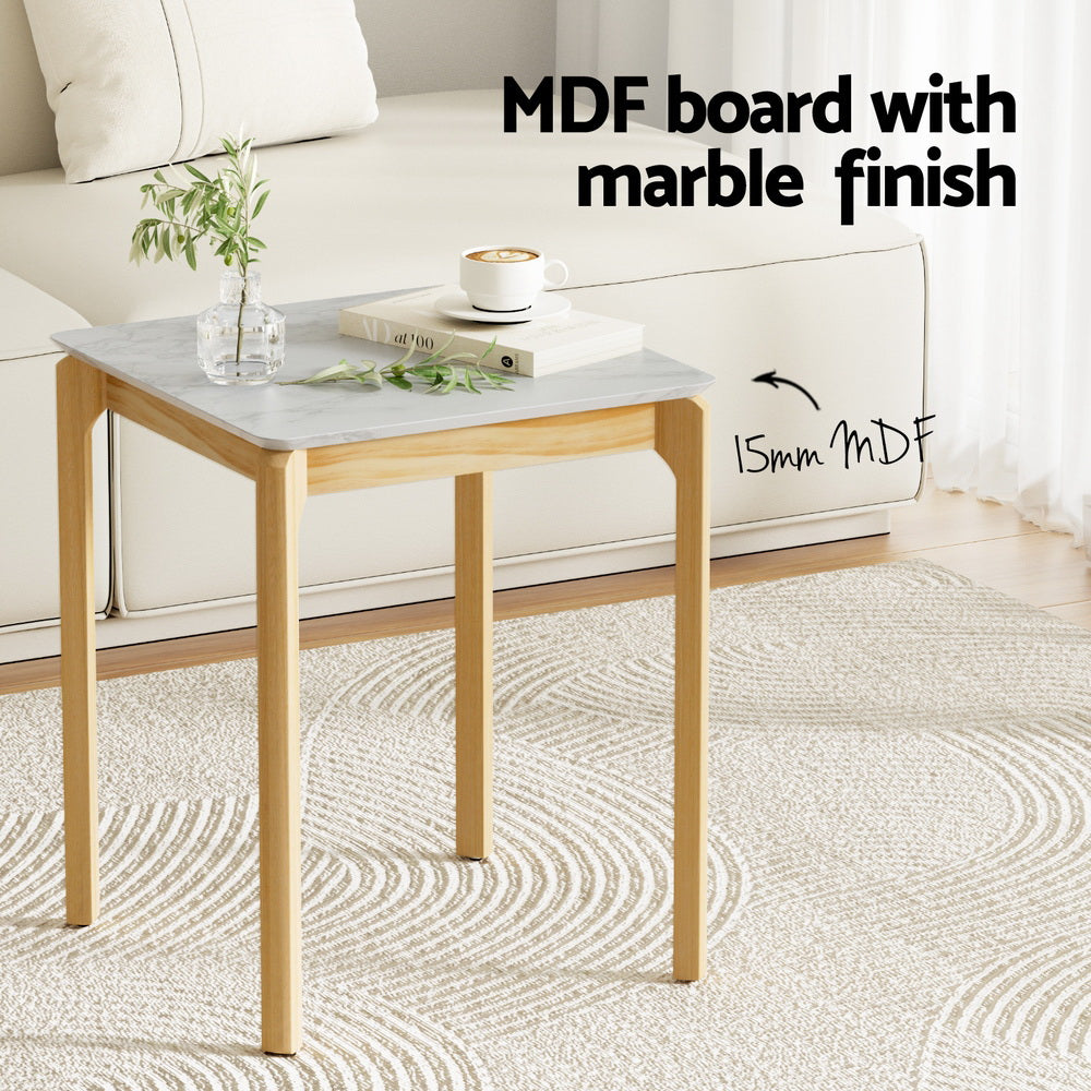 Square side table feature callout with text MDF board with marble finish and 15mm MDF annotation, beside cream sofa