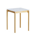 Square side table with white marble-effect top and natural pine wood legs, three-quarter angle on white background