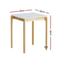 Dimension diagram of square side table with marble-effect top and wood legs: 45cm wide, 45cm deep, 56cm tall with 3cm feet