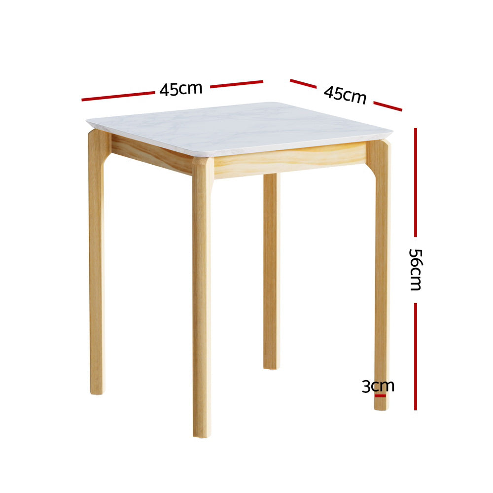 Dimension diagram of square side table with marble-effect top and wood legs: 45cm wide, 45cm deep, 56cm tall with 3cm feet