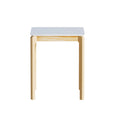 Square side table with white marble-effect top and natural wood legs, direct front view on white background