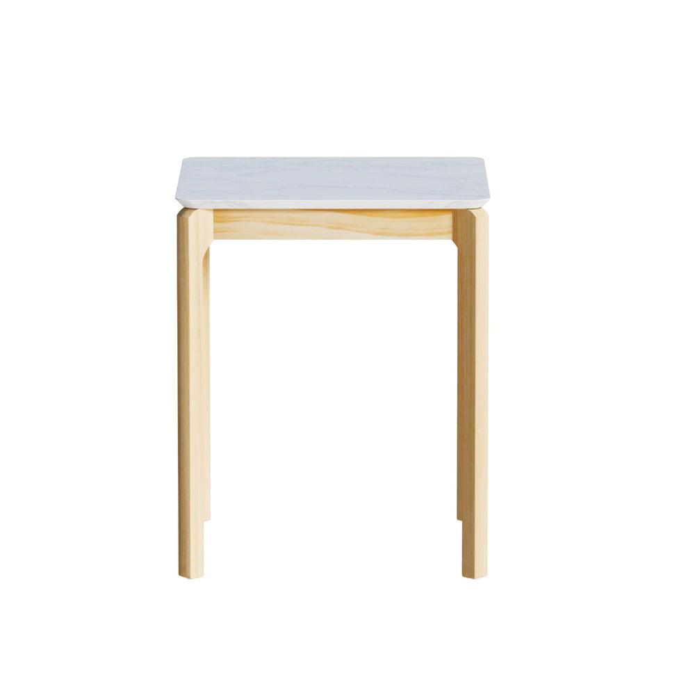 Square side table with white marble-effect top and natural wood legs, direct front view on white background