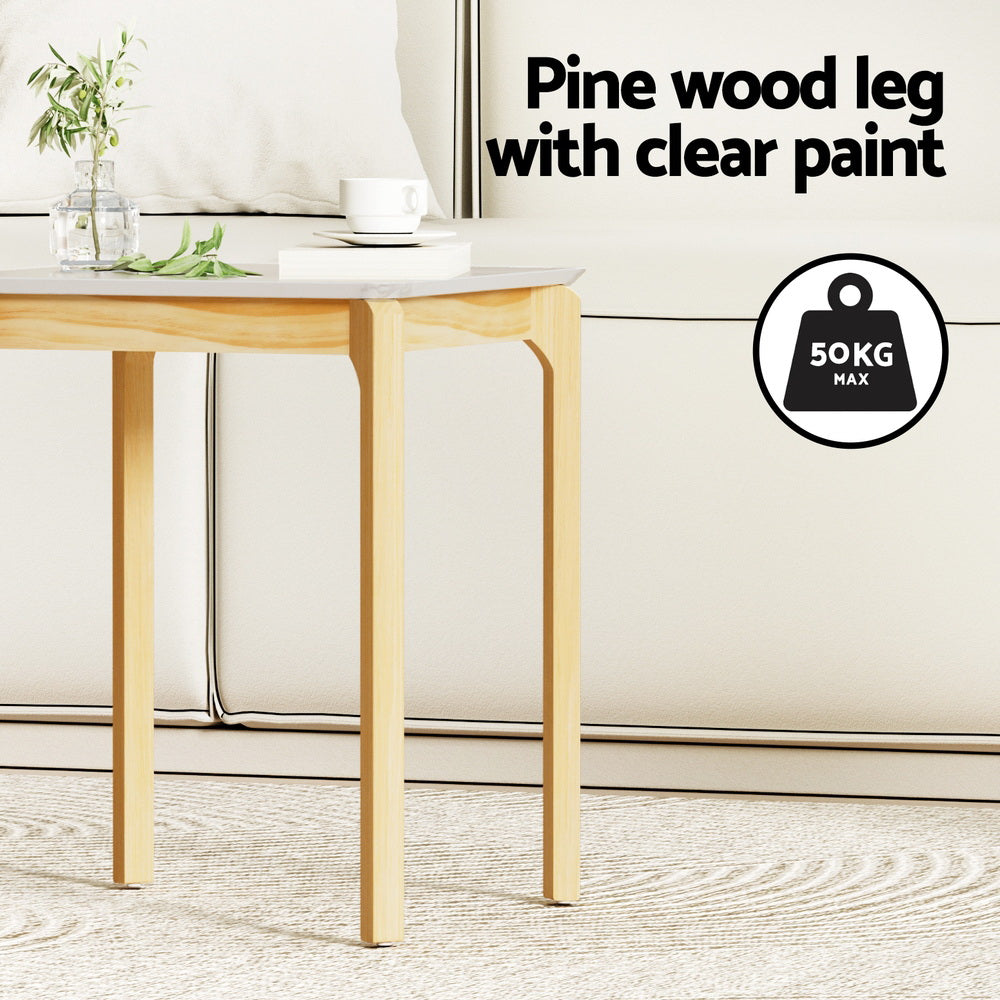 Side table feature callout showing pine wood legs with text Pine wood leg with clear paint and 50KG MAX weight capacity