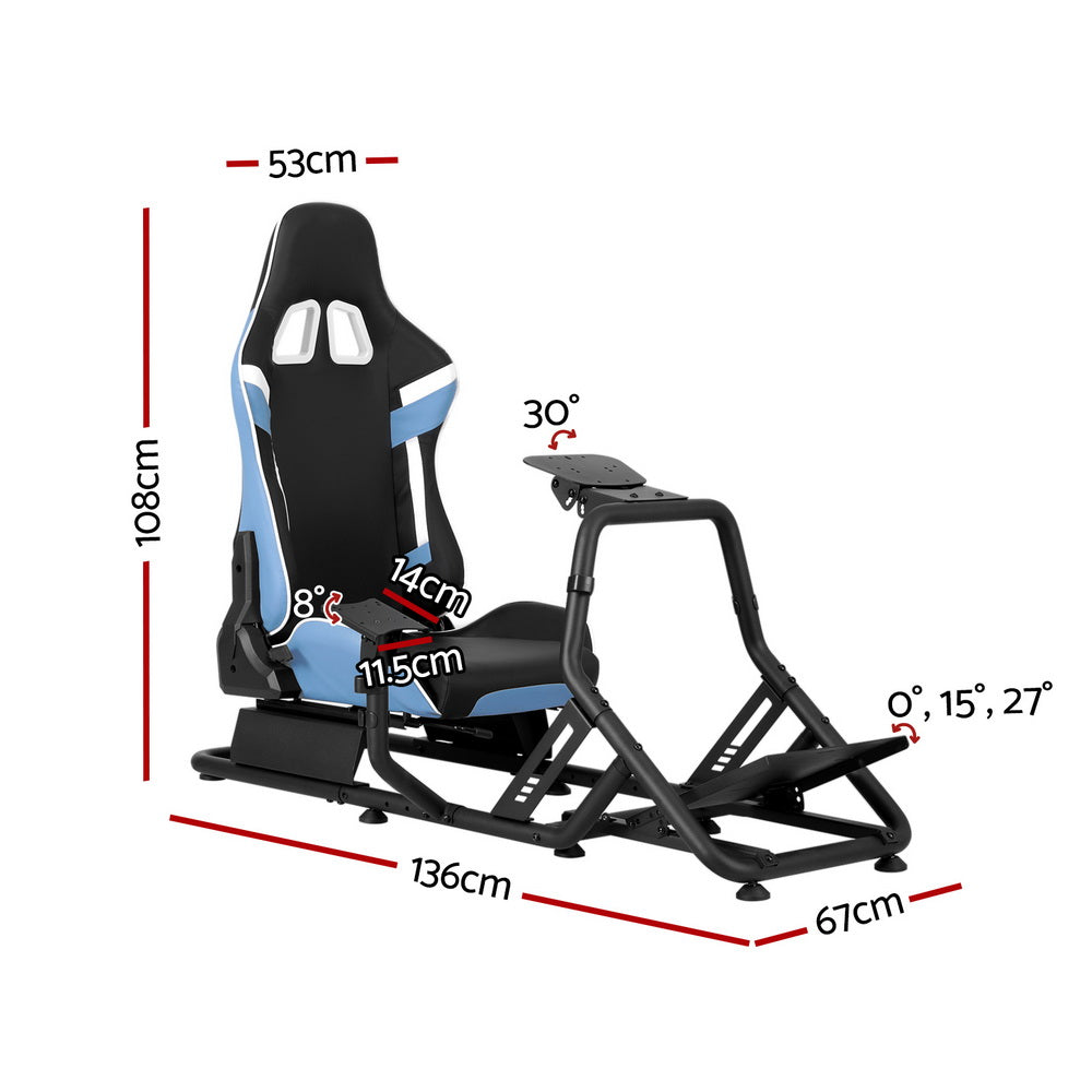 Sim racing cockpit with black steel tube frame and blue black white bucket seat, angle view on white background