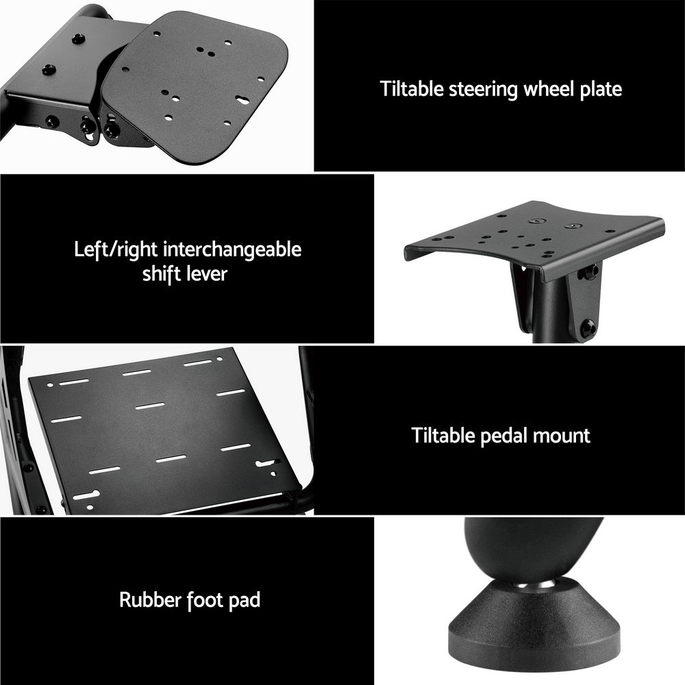 Sim racing cockpit component grid: tiltable steering wheel plate, left right shift lever, pedal mount, rubber foot pad