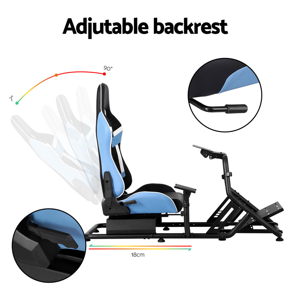 Sim racing cockpit adjustable backrest infographic: 7 to 90 degrees, 18cm seat slide, armrest and slide close-ups
