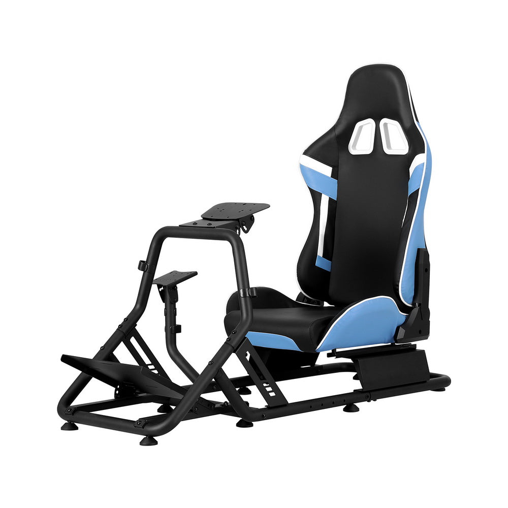 Sim racing cockpit with black steel tube frame and blue black white bucket seat, angle view on white background