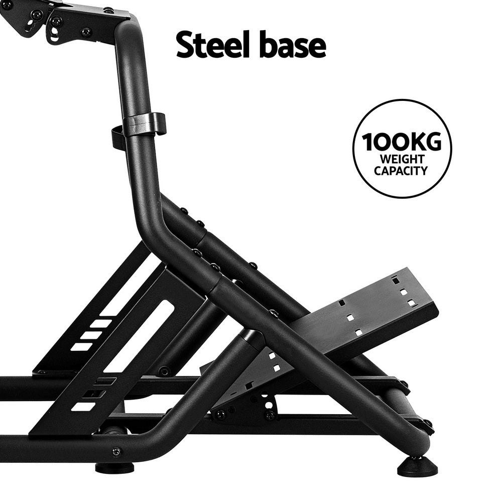 Sim racing cockpit steel base close-up showing tube frame and adjustable pedal mount, 100KG weight capacity badge