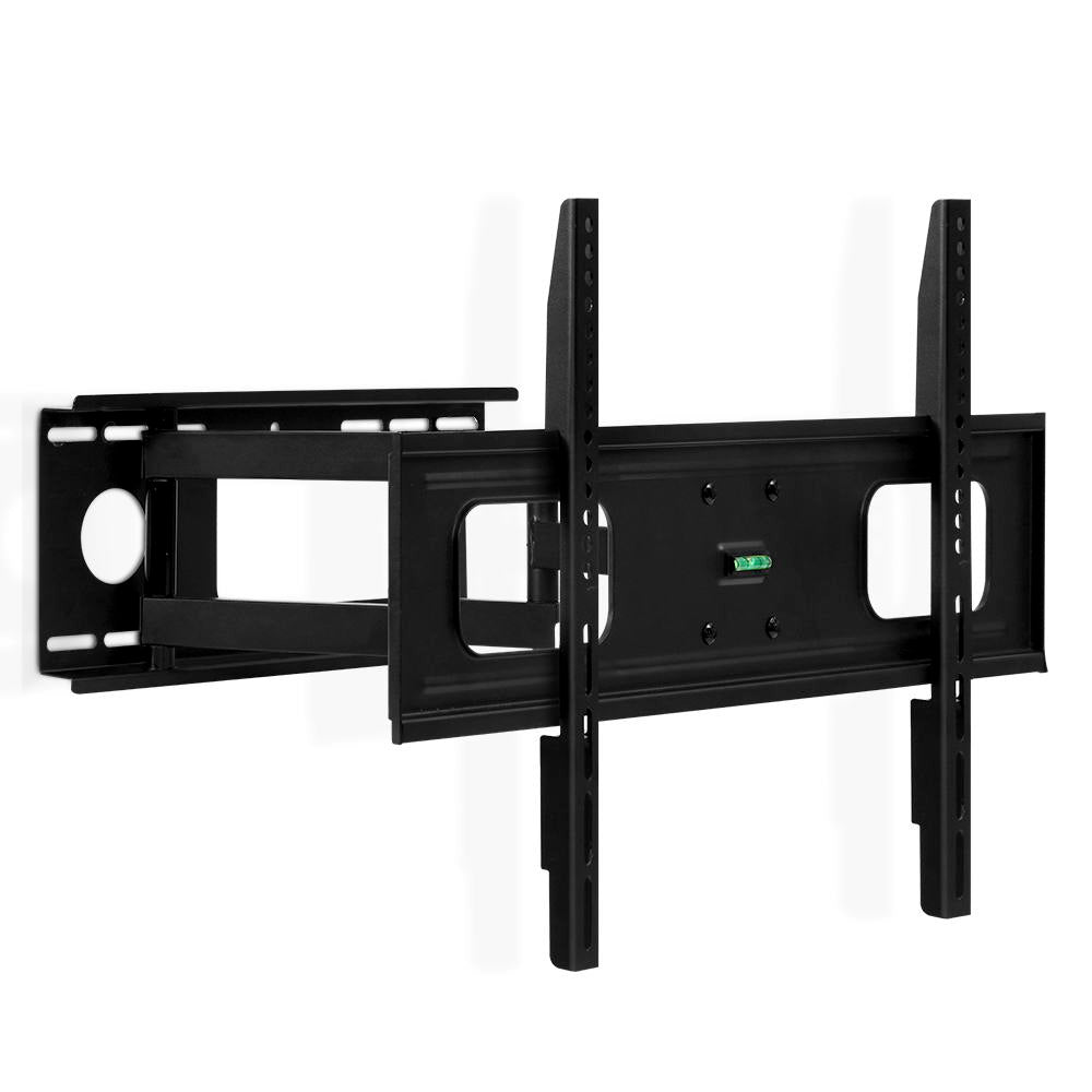 Black full-motion single-arm TV wall bracket angle view on white large wall plate spirit level round VESA hole on TV plate