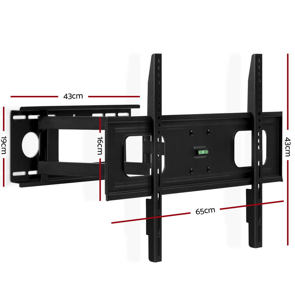 Black full-motion single-arm TV wall bracket angle view on white large wall plate spirit level round VESA hole on TV plate