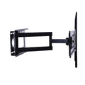 Full-motion single-arm TV wall bracket side view on white arm fully extended with rectangular TV plate and large wall plate
