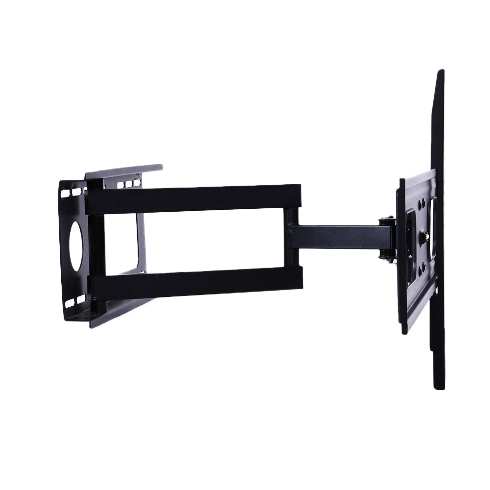 Full-motion single-arm TV wall bracket side view on white arm fully extended with rectangular TV plate and large wall plate