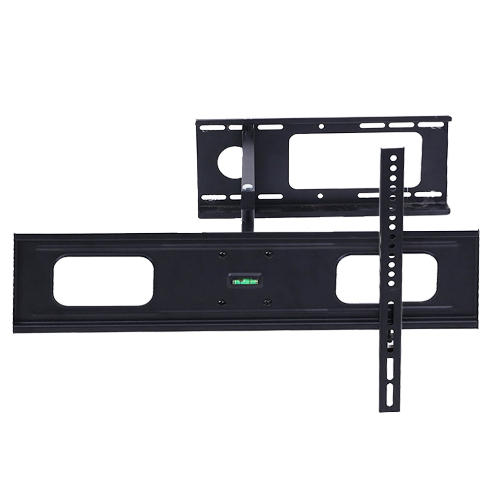 Full-motion single-arm TV wall bracket components view separate TV mounting plate above and wide wall rail plate below
