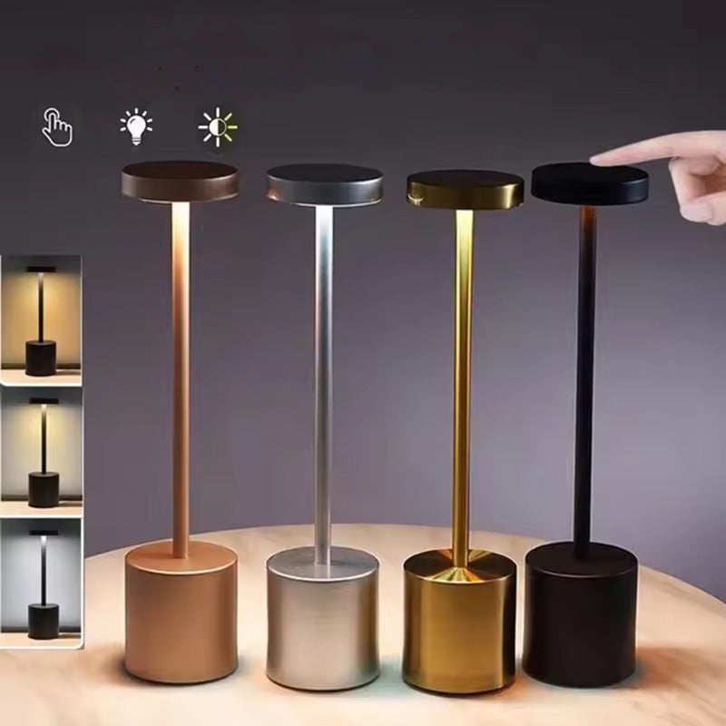 Black slim LED table lamp with disc head and cylinder base, hand touching top, 3 brightness thumbnails on left