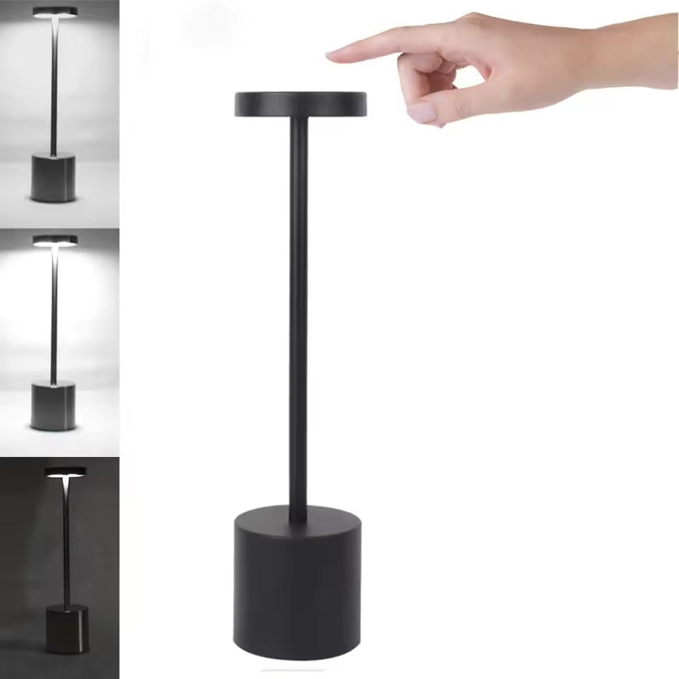 Black slim LED table lamp with disc head and cylinder base, hand touching top, 3 brightness thumbnails on left