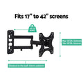 Small full-motion TV bracket spec infographic fits 17-42 inch screens up to 40kg VESA 200mm distance 70-400mm on white
