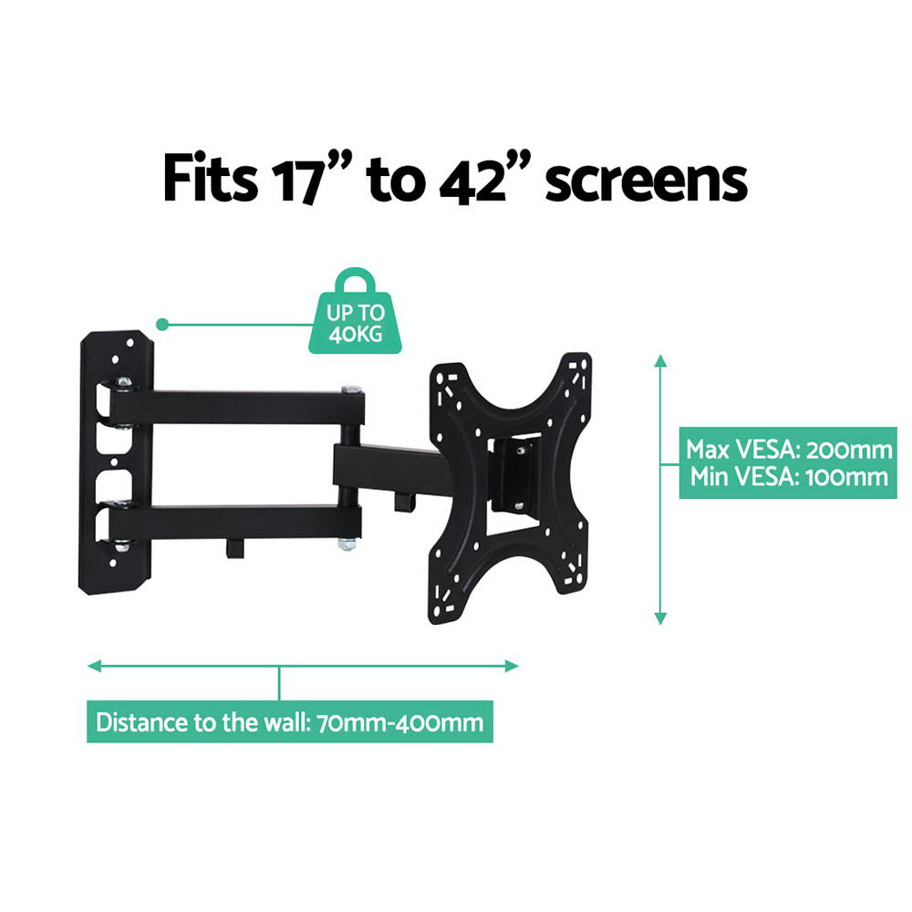 Small full-motion TV bracket spec infographic fits 17-42 inch screens up to 40kg VESA 200mm distance 70-400mm on white