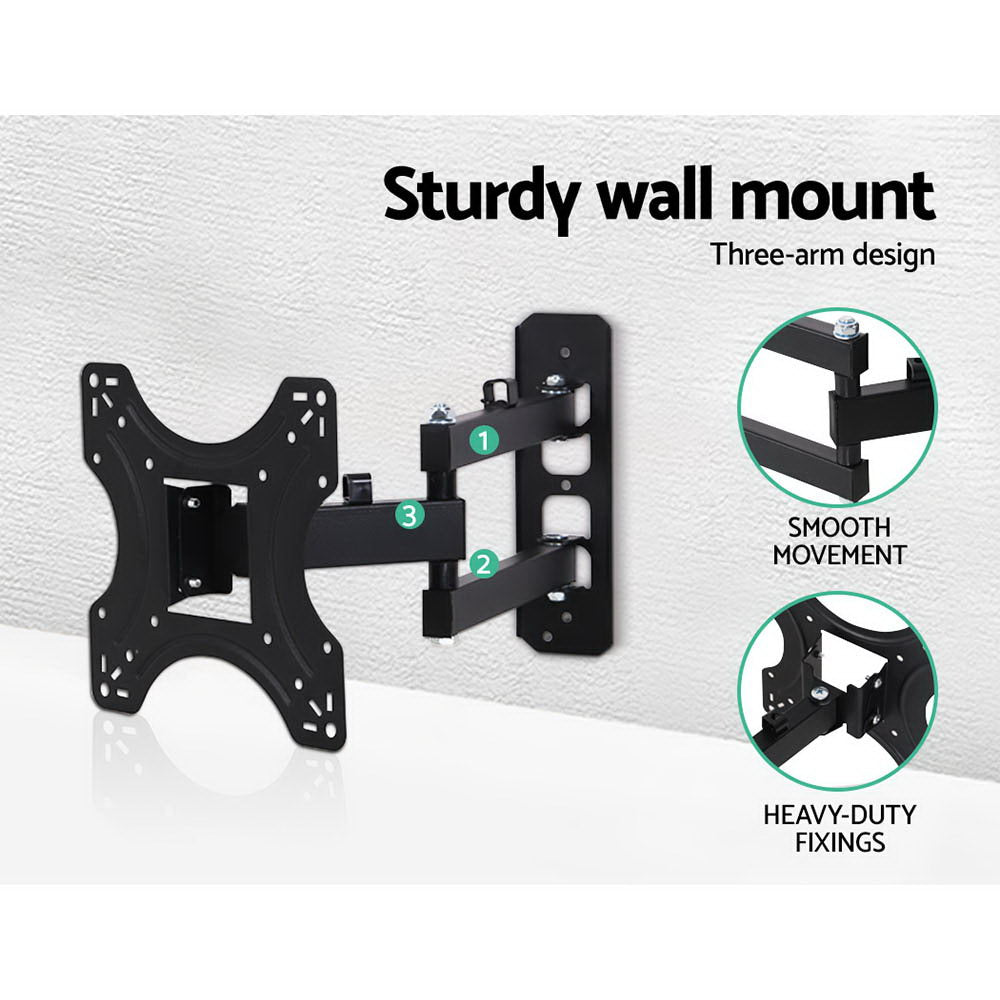 Small full-motion TV bracket three-arm design on concrete wall showing smooth movement and heavy-duty fixings callout circles