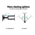 Small full-motion TV bracket viewing options diagram showing plus-minus 10 degree tilt and 90 degree swivel on white