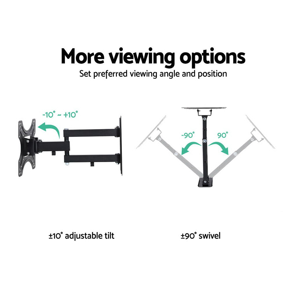 Small full-motion TV bracket viewing options diagram showing plus-minus 10 degree tilt and 90 degree swivel on white