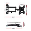 Small full-motion TV wall bracket dimension diagram 35cm arm 7.5x24.5cm wall plate 25.5x25.5cm TV plate and side view