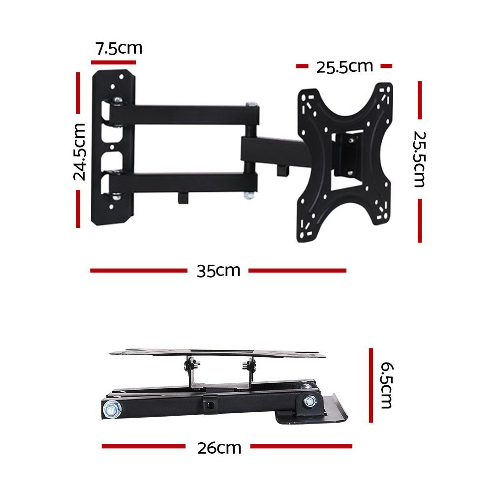 Small full-motion TV wall bracket dimension diagram 35cm arm 7.5x24.5cm wall plate 25.5x25.5cm TV plate and side view