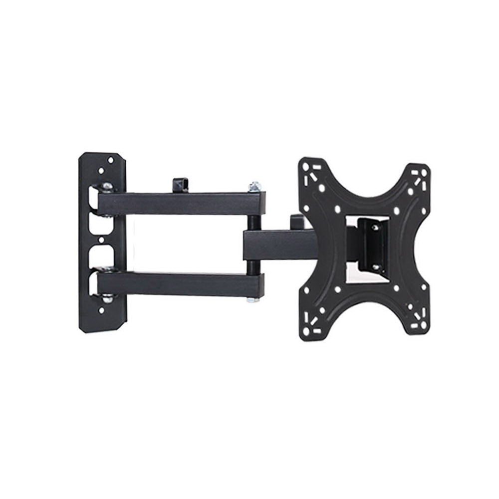 Black small full-motion TV wall bracket angle view on white dual bar arms butterfly TV plate and wall plate
