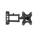 Black small full-motion TV wall bracket angle view on white dual bar arms butterfly TV plate and wall plate