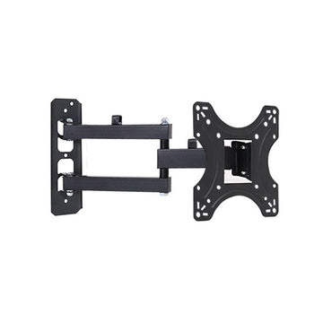 Black small full-motion TV wall bracket angle view on white dual bar arms butterfly TV plate and wall plate