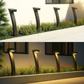 Four arch solar bollard lights in daylight garden, lower panel shows three units glowing warm at night beside house