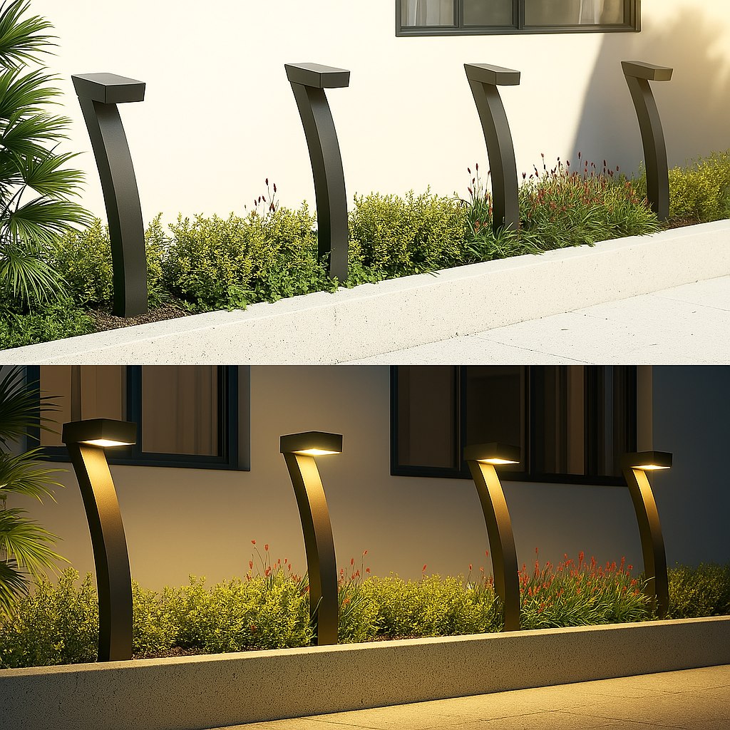 Four arch solar bollard lights in daylight garden, lower panel shows three units glowing warm at night beside house